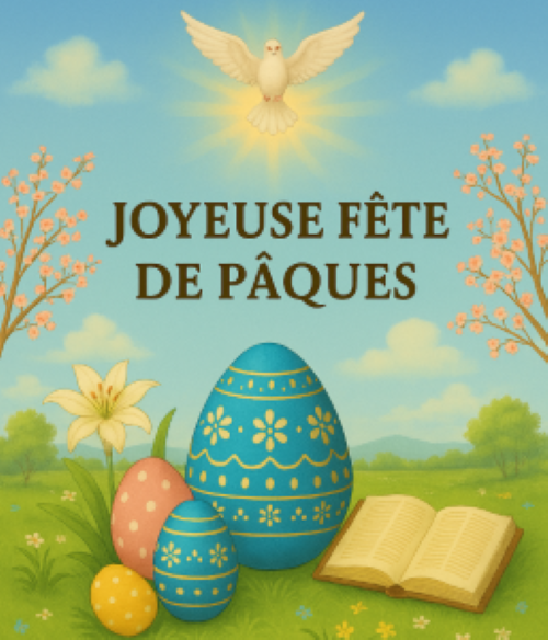 Sous un ciel bleu tendre, la colombe céleste descend en silence, porteuse de lumière et de paix. Les œufs colorés, posés dans l’herbe fleurie, célèbrent la renaissance de l’âme et la joie du cœur, le livre saint, ouvert sur la prairie, invite à la contemplation et à l’élévation intérieure. Que cette image vous accompagne dans votre chemin de foi, Dans la douceur du renouveau, Et dans la confiance en la Grâce Divine. Paix, lumière et bénédictions sur votre chemin spirituel.
